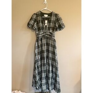 Anthropologie Plaid Maxi Dress Olive Green V-Neck Puff Sleeve Smocked Small